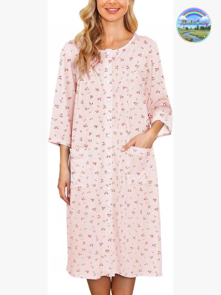 Cotton Blend Snap Front Nightgown House Dress With Pockets 3/4 Sleeve Moomoo
